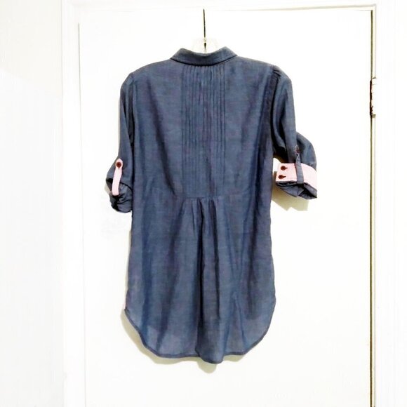 Denim/Chambray Tunic Smock Top/Mini Dress with Pleated & Pink StripedAccents Sz6 - Picture 4 of 9